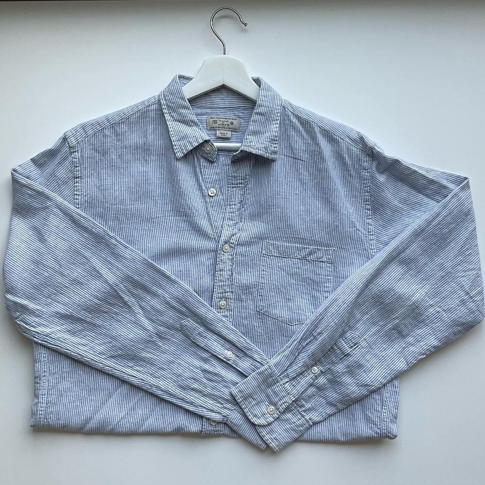 J Crew Men’s Linen Dress Shirt Blue and White Pinstripe Size Medium